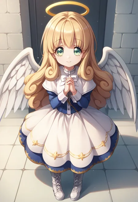 score_9, score_8_up, score_7_up, source_anime, highly detailed, 1girl, solo, cute,
poporon, 1girl, blonde hair, solo, halo, angel, wings, green eyes, long hair, angel wings,
own hands clasped, full body, boots, own hands together, dress,