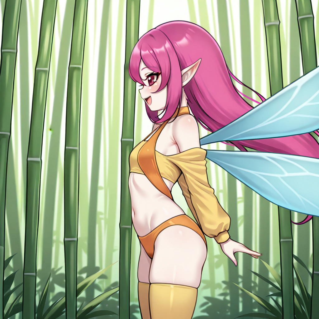 <lora:Sunny_Pixie_-_Yu-Gi-Oh_Illustrious:0.8> SunnyPIL, fairy, colored skin, swimsuit, long hair, pink hair, red eyes, pointy ears, wings, midriff, thighhighs, bare shoulders, happy, Flying swiftly through the flowers, speed lines, view from side, dynamic pose,
 HDA_MasterpieceXLclassic,  HDA_BKGD_BambooForest,