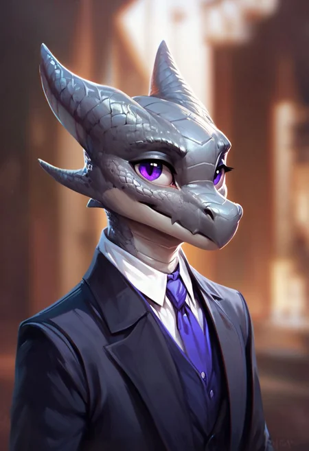 (((beautiful, high quality))), upper Body, score_9, score_8_up, score_7_up,
Kobold, furry dragon, tail, short stature, 1boy, male focus, grey scales, purple eyes, top hat and suit,
looking at the viewer, posing,
blurred background,