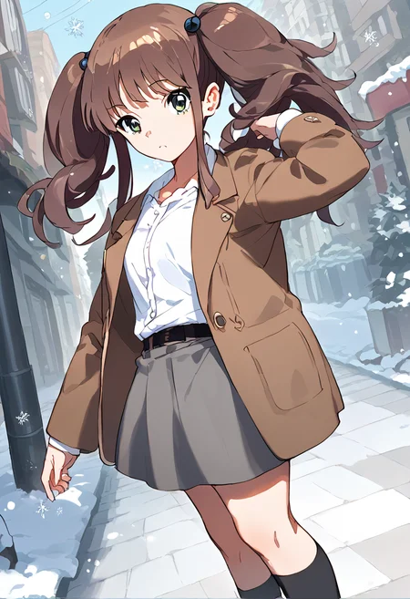 score_9,score_8_up,score_7_up,source_anime,zPDXL3,snowflakes falling,snowflakes falling gently,nighttime glow,street,tree,
*//*,<lora:OkamotoMiyu-v1.0:1.1>,okamotomiyu_wug,1girl,solo,twintails,brown hair,long hair,hair bobbles,green eyes,black socks,white shirt,open clothes,grey skirt,miniskirt,open jacket,brown jacket,
*//*,looking at viewer,cowboy shot,dutch angle,