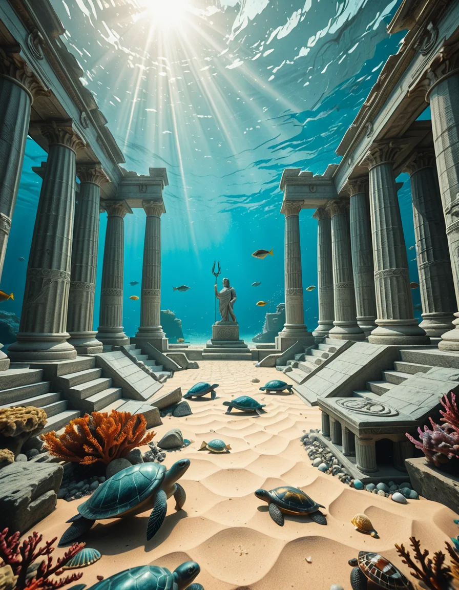 An ancient underwater Temple of Poseidon, partially buried in sand and coral at the bottom of the Aegean Sea. Massive marble columns, some broken, others still standing, encrusted with seashells and marine life. Soft sunlight filtering through the ocean surface above, casting shimmering rays over the temple ruins. Colorful fish and sea turtles swimming peacefully around. The atmosphere is mystical and serene, with a bluish-green hue dominating the scene. A statue of Poseidon with a trident stands at the center of the temple, covered in algae and marine growth. Realistic style, high detail, cinematic lighting, wide-angle view.
<lora:SDXLFaeTastic2400:0.4> <lora:extremely_detailed:0.4> extremely detailed,underwater Temple of P0s31d0n, <lora:underwater_Temple_of_P0s31d0n-i:1>, Masterpiece,best quality,hi res,8k,hi res,8k,award winning,(sharp focus, intricate, highly detailed),