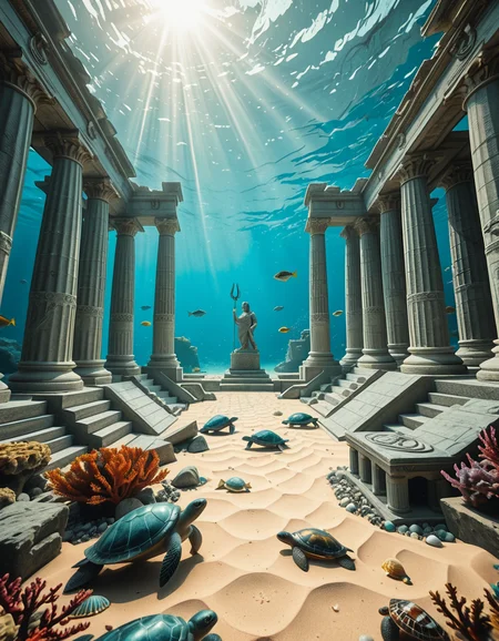 An ancient underwater Temple of Poseidon, partially buried in sand and coral at the bottom of the Aegean Sea. Massive marble columns, some broken, others still standing, encrusted with seashells and marine life. Soft sunlight filtering through the ocean surface above, casting shimmering rays over the temple ruins. Colorful fish and sea turtles swimming peacefully around. The atmosphere is mystical and serene, with a bluish-green hue dominating the scene. A statue of Poseidon with a trident stands at the center of the temple, covered in algae and marine growth. Realistic style, high detail, cinematic lighting, wide-angle view.
<lora:SDXLFaeTastic2400:0.4> <lora:extremely_detailed:0.4> extremely detailed,underwater Temple of P0s31d0n, <lora:underwater_Temple_of_P0s31d0n-i:1>, Masterpiece,best quality,hi res,8k,hi res,8k,award winning,(sharp focus, intricate, highly detailed),