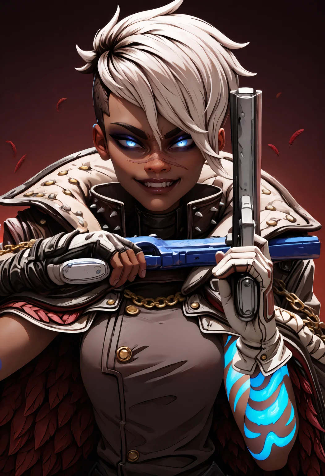masterpiece, best quality, newest, simple background, 1girl, solo, <lora:Alucard Inverted Cross Pose:1> dual wielding, holding gun, handgun, crossed weapons, cross, close-up, looking at viewer, evil grin, clenched teeth, glowing eyes, floating hair, floating clothes, 
<lora:Queen Tyreen Calypso:1> qtch, dark-skinned female, two-tone hair, undercut, white hair, brown hair, asymmetrical hair, blue eyes, makeup, eyeshadow, scar on nose, arm tattoo, blue tattoo, brown coat, jacket on shoulders, red feathers, spikes, high collar, brown shirt, sleeveless shirt, gold chain, gold buttons, asymmetrical gloves, brown fingerless gloves, white gloves,