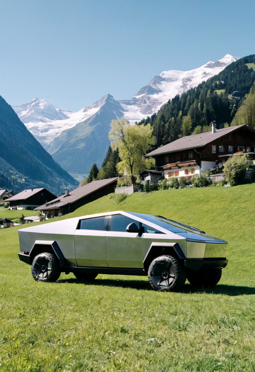 cybertruck gleaming, side front view, lawn, Swiss Alps mountain village in background, sunny spring afternoon, 4K, highly detailed, grainy analog 35mm film photo