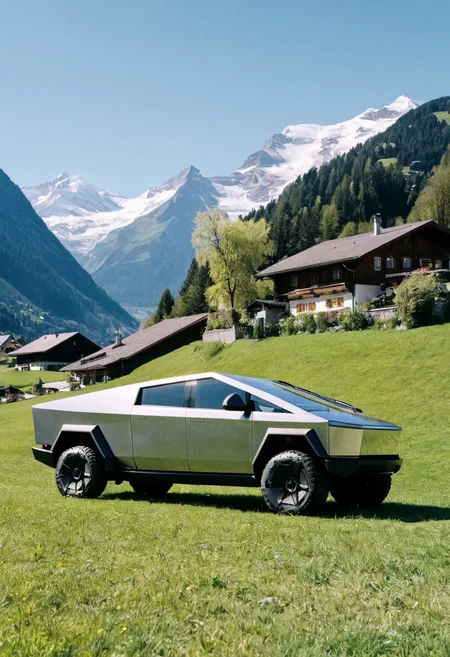 cybertruck gleaming, side front view, lawn, Swiss Alps mountain village in background, sunny spring afternoon, 4K, highly detailed, grainy analog 35mm film photo