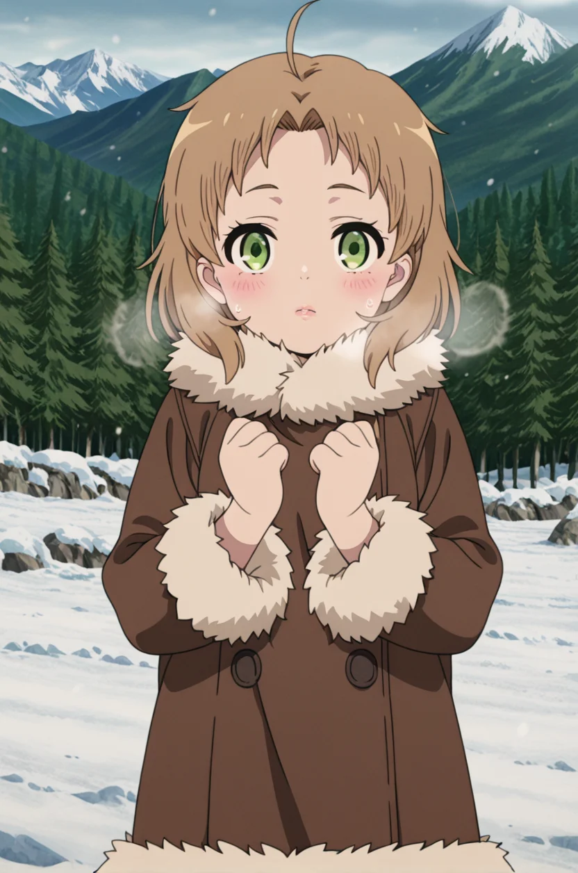 , source_anime, intricate details, masterpiece, high quality, prefect hands, best quality,, 1girl, detailed eyes , solo, anime coloring,
, blush , ,looking at viewer,
cinematic lighting,
<lora:rudy_yyy_illustrious:1> rudy, ahoge ,medium hair , brown hair, green eyes , 1girl , gender bender , small breast , lips , eyelashes , , fur-trimmed coat, brown pants,
, outdoors, forest , mountain, snow , heavy breathing, cute ,