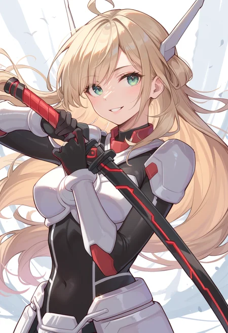 (score_9:0.9),score_8_up,score_7_up,rating:explicit,anime_style,(zPDXL),<lora:Sky striker ace - raye ponyXL v4.1:0.7>,sky striker ace - raye,battle bodysuit,armor gloves,headgear,breastplate,armor skirt,holding black katana,1girl,solo,looking at viewer,upper body,light smile,weapon,