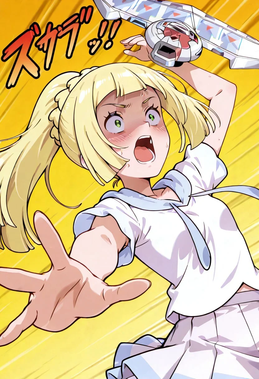 high quality,Expressiveh,very aesthetic, high resolution,8k,1 girl,BREAK,zzLillie, long hair, ponytail, French braid, white shirt, short sleeves, white skirt, pleated skirt,Duel_Disk,young,cute,petite,small,flat chest,excited,sweating,nervous,standing,kaibadefeat, open mouth, blush, upper body, arm up, speed lines, yellow, outstretched arm, shaded face,wide-eyed, constricted pupils,shouting,BREAK, dynamic lines,action shot,movement,Speed Lines,motion lines,emphasis lines,action,sound effects,screen shake,dynamic pose, foreshortening, extreme perspective