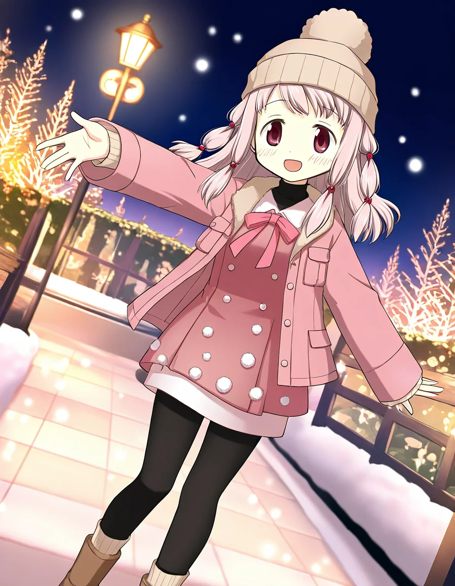 masterpiece, best quality, newest, absurdres, highres, safe, 1girl, tamaki ui \(winter costume\), magia record: mahou shoujo madoka magica gaiden, pantyhose, outdoors, night, dutch angle, <lora:tamaki_ui_noobaiXLNAIXL_vPred10Version:0.7>