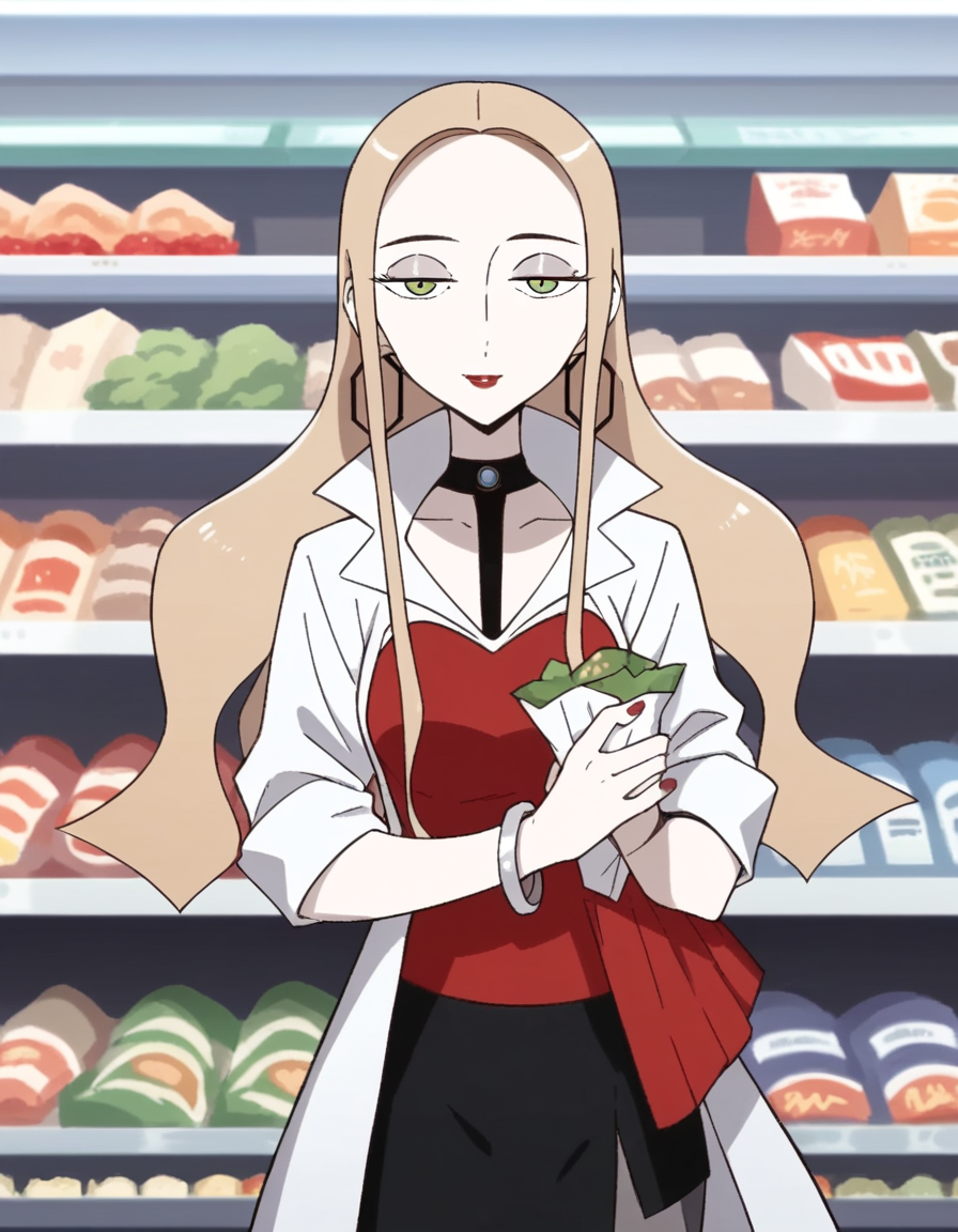 score_9, score_8_up, score_7_up, source_anime, <lora:pokemon-oleana-twilight-wings-ponyxl-lora-nochekaiser:1>, oleana, long hair, blonde hair, green eyes, makeup, half-closed eyes, red lips, forehead,, skirt, shirt, jewelry, pantyhose, earrings, choker, black skirt, bracelet, coat, black choker, blouse, red shirt, red nails, hoop earrings, white coat, grey pantyhose, grocery store, cashier, shopping bag, scanning items, small talk, everyday routine, smile, looking at viewer, solo,, cowboy shot, dutch angle