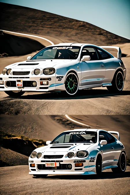 CELICA6 built for rock crawling stands on concrete wall, custom RALLY car body modified for rock crawling, jumper car dance, import offroad tuner, big offroad futuristic tyres, bedlock rims, graffiti, sandstorm, photorealistic, shot by Sony a7iii <lora:CELICA6:0.8>