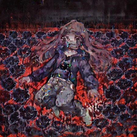 Paula,1girl,Brown hair,mask with :3 symbol,choker,bangs, hoodie,baggy gray pants,white socks,Long hair
Paula lying on her side in a field of black flowers. Paula is crying, her eyes watering, tears running down her face and falling to the ground, black sky, red sound, red atmosphere, depressing atmosphere, dull, dark colors.
