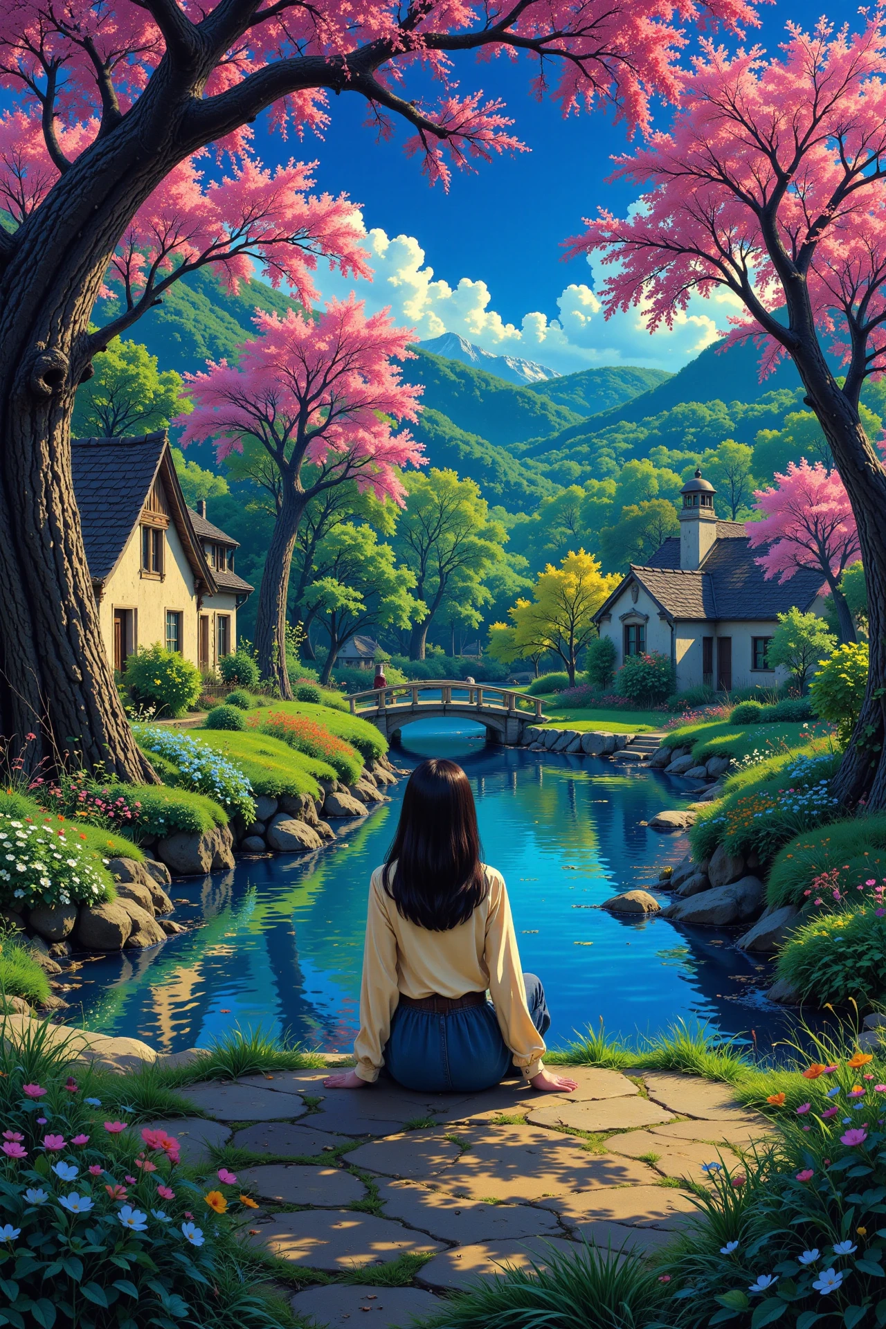 spring beautiful  landscape, evening, woman, very intricate, very detailed, sharp, bright, colorful, <lora:Hand v2:0.5> <lora:Anti-Blur:1><lora:Insane Detail Slider:0.25>  <lora:flux.1_lora_flyway_Epic-detail_v2:0.3> <lora:fluxenhancer:0.25> <lora:Anime_style:0.7> anime style