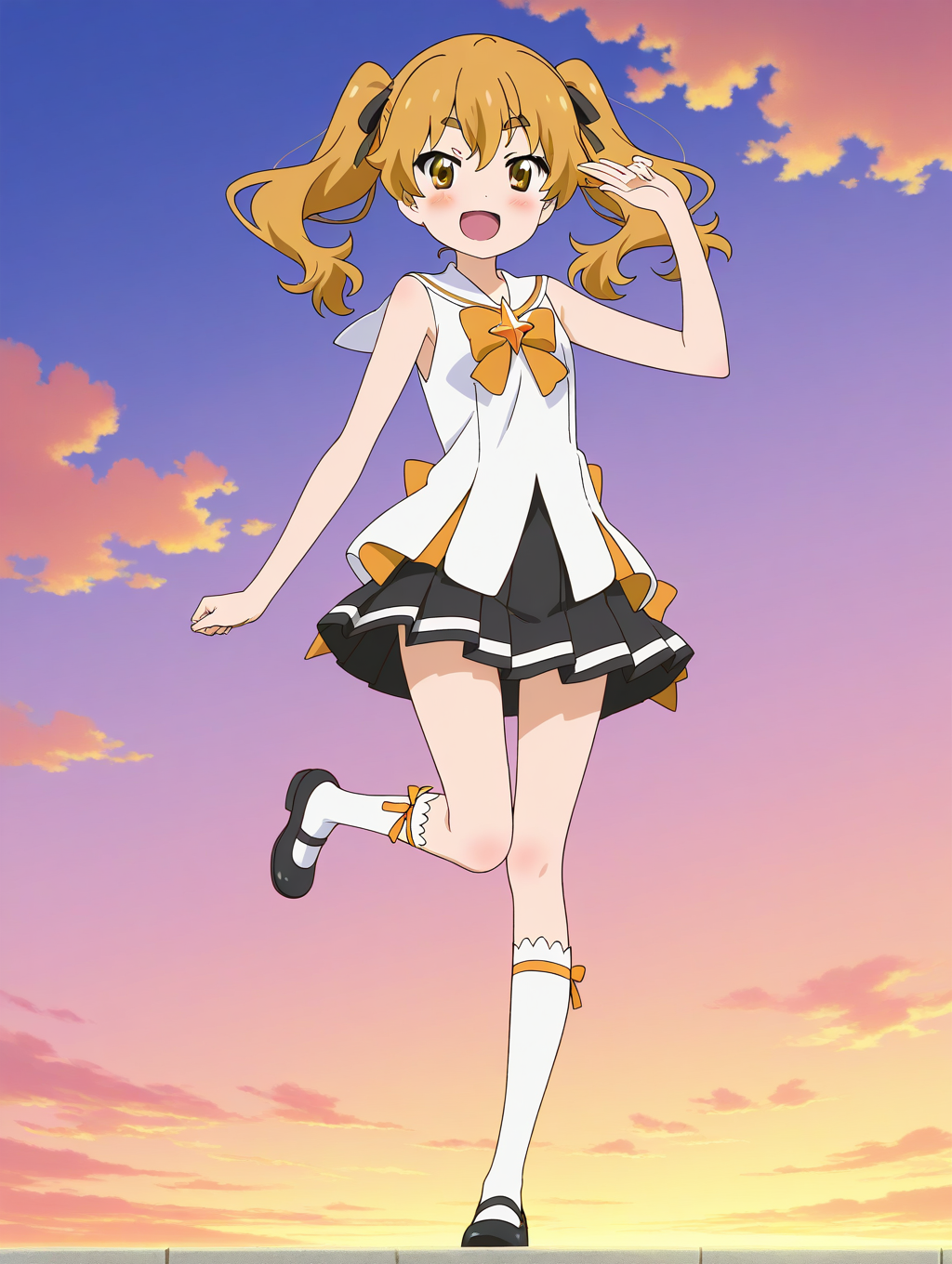 general,highres, ultra-detailed,very aesthetic,best quality ,best hands,  BREAK  <lora:Hikaru_Houkago_no_Pleiades_IS:1> Hikaru(Pleiades), 1girl,solo, twintails, blonde hair, yellow eyes,long hair, hair ribbon, 
thick eyebrows, anime coloring,
skirt,  open mouth, mary janes, pleated skirt, full body, socks, looking at viewer, ribbon, 
shoes, white socks, school uniform, smile, sleeveless, black skirt, kneehighs, standing, black ribbon, black footwear, standing on one leg, sleeveless shirt, blush, brown eyes, :d, shirt, bow
sky, cloud,