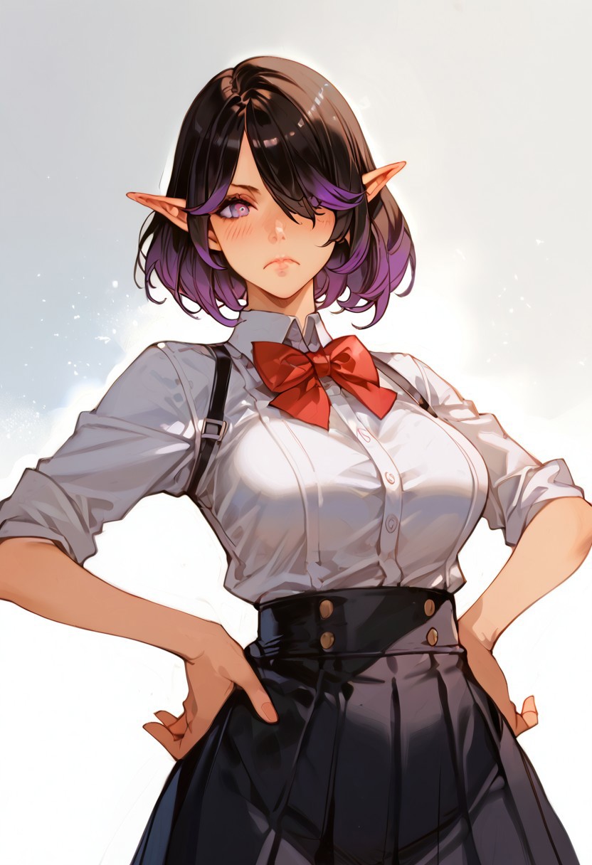 score_9, score_8_up, score_7_up, score_6_up, score_5_up, score_4_up, detailed, intricate details, source_anime, , (best quality) , (highly detailed) ,((masterpiece)), ((best quality)), (ultra-detailed), ((extremely detailed)), (high resolution), 4K, (8K), best quality, (beautiful), (dynamic lighting), (super detailed skin), sharp focus, (1_girl, solo focus), score_9,score_8_up,score_7_up,anime coloring, skyexl, 1girl, Skye, pointy ears, gradient hair, or black hair, purple eyes, breasts, solo, hair over one eye, large breasts, eye lashes ,lips, shiny skin, school uniform, red bowtie, white shirt, black skirt, hands on hips, frown, blush, looking at viewer,
 detailed face and detailed skin <lora:add-detail-xl:1.0> ,(((feminine bodies))),(((perfect anatomy))),