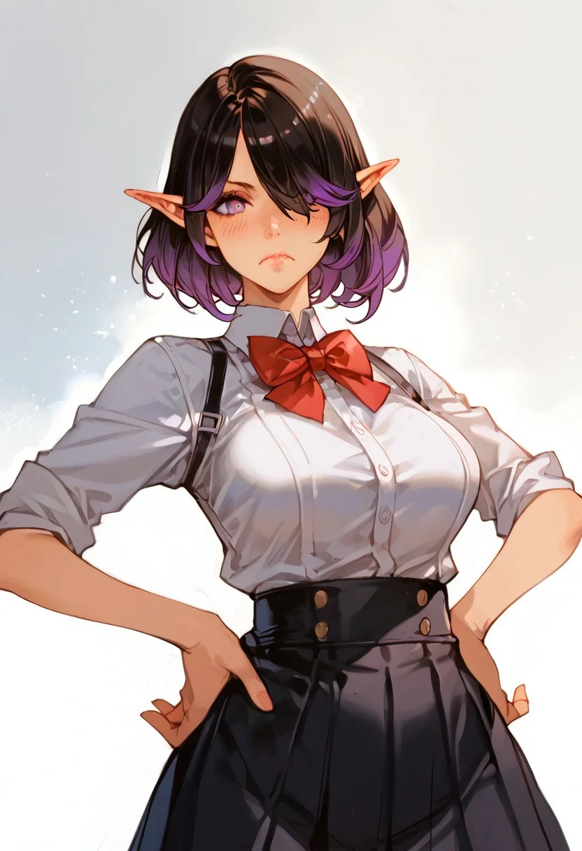 score_9, score_8_up, score_7_up, score_6_up, score_5_up, score_4_up, detailed, intricate details, source_anime, , (best quality) , (highly detailed) ,((masterpiece)), ((best quality)), (ultra-detailed), ((extremely detailed)), (high resolution), 4K, (8K), best quality, (beautiful), (dynamic lighting), (super detailed skin), sharp focus, (1_girl, solo focus), score_9,score_8_up,score_7_up,anime coloring, skyexl, 1girl, Skye, pointy ears, gradient hair, or black hair, purple eyes, breasts, solo, hair over one eye, large breasts, eye lashes ,lips, shiny skin, school uniform, red bowtie, white shirt, black skirt, hands on hips, frown, blush, looking at viewer,
detailed face and detailed skin <lora:add-detail-xl:1.0> ,(((feminine bodies))),(((perfect anatomy))),