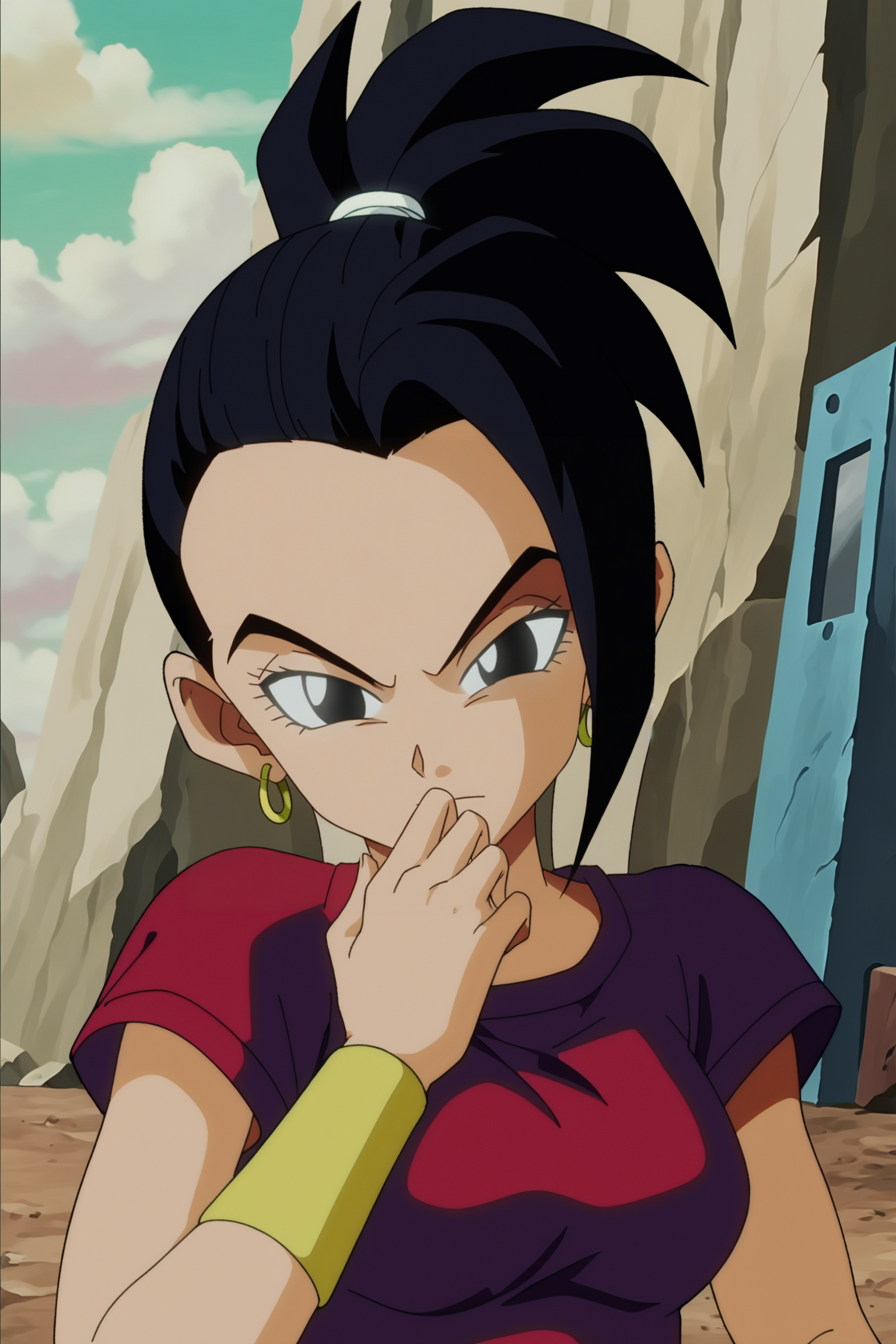 source_anime, score_9, score_8_up, score_7_up, anime screencap, absurd res, high quality,
kale, 1990s \(style\), anime coloring, retro artstyle, 1girl, solo, looking at viewer, red crop top, black hair, upper body, short sleeves, hoop earrings, outdoors, black eyes, hand to own mouth, arm by side, sunset, rock, v-shaped eyebrows, eyelashes,
 <lora:Kale_v1:0.8>