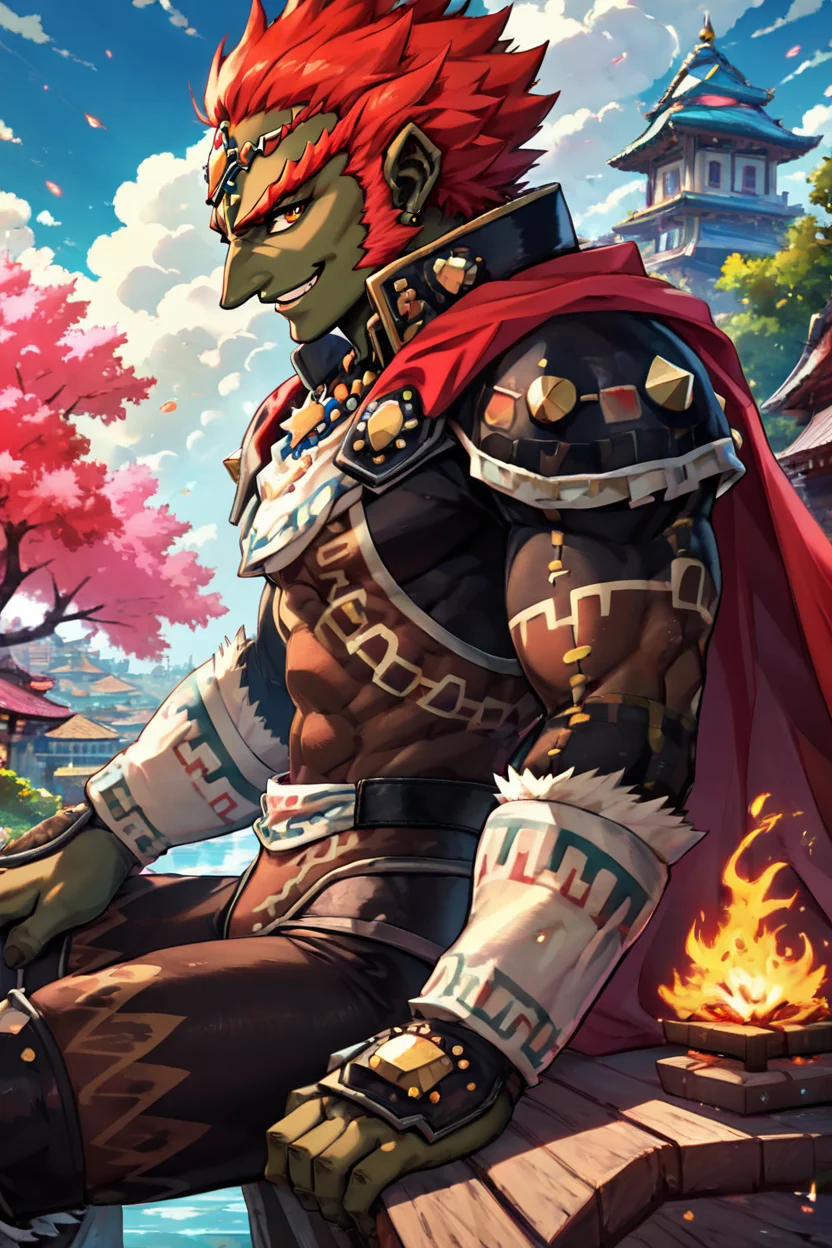 score_9, score_8_up, score_8, BREAK, , ,,, (upper body), zzGanondorf, 1boy, red hair, dark skin, armor, gloves, jewelry, muscular, shoulder pads, short hair, cape, muscular, fire, aura, <lora:Ganondorf_OoTZelda_PDXL:0.8>, ,,,, BREAK, sitting on bench, side view, smile, looking at viewer, cowboy shot, ,,, BREAK, pnkBldng, sky, day, cloud, tree, blue sky, building, architecture, east asian architecture, ,,, BREAK, embedding:zPDXL, Expressiveh, ,,, <lora:PinkBuildingsPDXL_v2:0.6>, <lora:SDXLFaeTastic2400:0.5>, <lora:Expressive_H-000001:0.4>