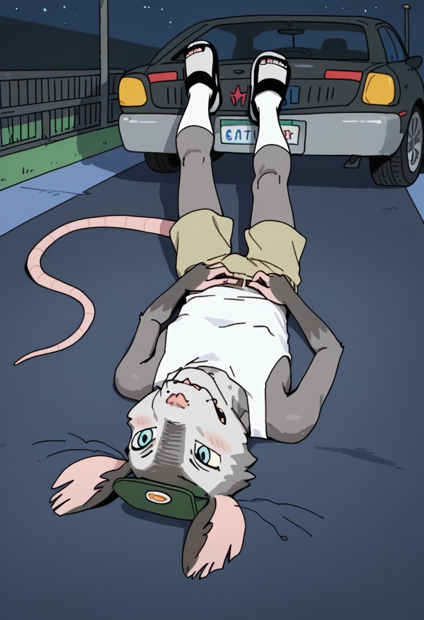 Score_9, score_9_up, solo, 1boy, furry, animal, oppossum, pink nose, blue eyes, grey fur, rat tail, opossum tail, animal ears, tank top, cap, green cap, shorts, socks, flip flops, sandals, wiskers, lying agains a car, night, gas station, Expressiveh