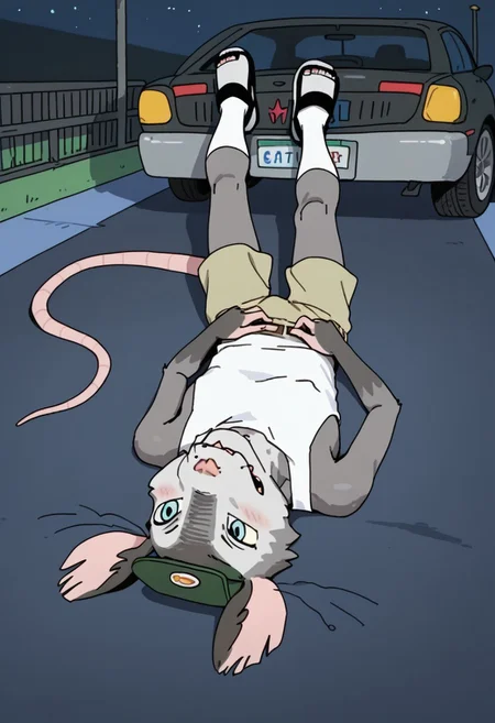 Score_9, score_9_up, solo, 1boy, furry, animal, oppossum, pink nose, blue eyes, grey fur, rat tail, opossum tail, animal ears, tank top, cap, green cap, shorts, socks, flip flops, sandals, wiskers, lying agains a car, night, gas station, Expressiveh