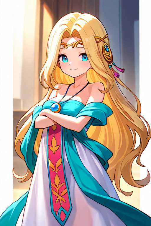 masterpiece, High quality, Ultra detailed, 2d, newest, absurdres, highres, BREAK
1girl, solo, <lora:cygnus:0.8>, cygnus_(maplestory), very long hair, blonde hair, hair ornament, jewelry, circlet, blue eyes, smile, 
medium breasts, cygnusDef, collarbone, bare shoulders, white dress, center dress ornament, shawl, necklace, BREAK
arm_between_breasts, cowboy shot,
