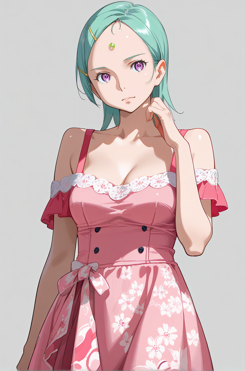 safe pos, <lora:Eureka:0.3>, <lora:Eureka - Eureka Seven V5:0.1>, <lora:Eureka - Eureka Seven Astral Ocean:1>, EAO, (purple eyes:0.8), aqua hair, short hair, hair ornament, hairclip, (forehead:1), (mature female:0.7), 1girl, solo, medium-large breasts, off shoulders, pink dress, off shoulder dress, floral print, armpit crease, legs, cowboy shot, looking away, head tilt, hand up, hand on own face, detailed, closed mouth, from front, soft skin, detailed, modern, gray background, simple background, cinematic, flat color, official art, [illustration], [screencap], source anime, vibrant colors, saturation, <lora:Watercolor Anime Style LoRA_Pony XL v6:0.5> watercolor \(medium\), traditional media,