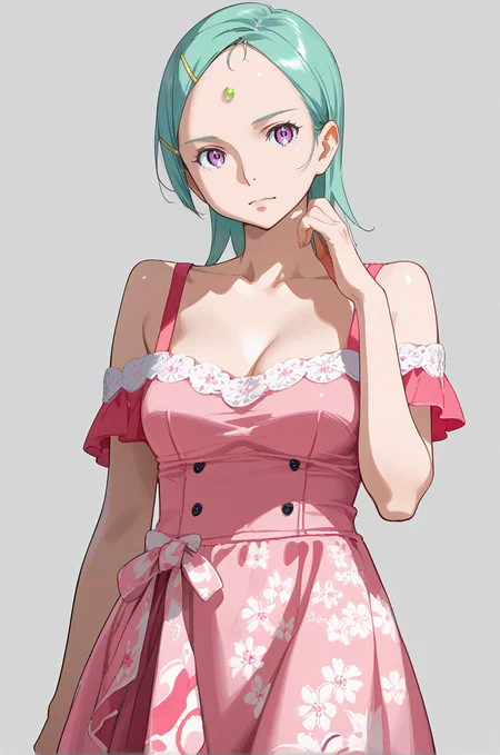 safe pos, <lora:Eureka:0.3>, <lora:Eureka - Eureka Seven V5:0.1>, <lora:Eureka - Eureka Seven Astral Ocean:1>, EAO, (purple eyes:0.8), aqua hair, short hair, hair ornament, hairclip, (forehead:1), (mature female:0.7), 1girl, solo, medium-large breasts, off shoulders, pink dress, off shoulder dress, floral print, armpit crease, legs, cowboy shot, looking away, head tilt, hand up, hand on own face, detailed, closed mouth, from front, soft skin, detailed, modern, gray background, simple background, cinematic, flat color, official art, [illustration], [screencap], source anime, vibrant colors, saturation, <lora:Watercolor Anime Style LoRA_Pony XL v6:0.5> watercolor \(medium\), traditional media,