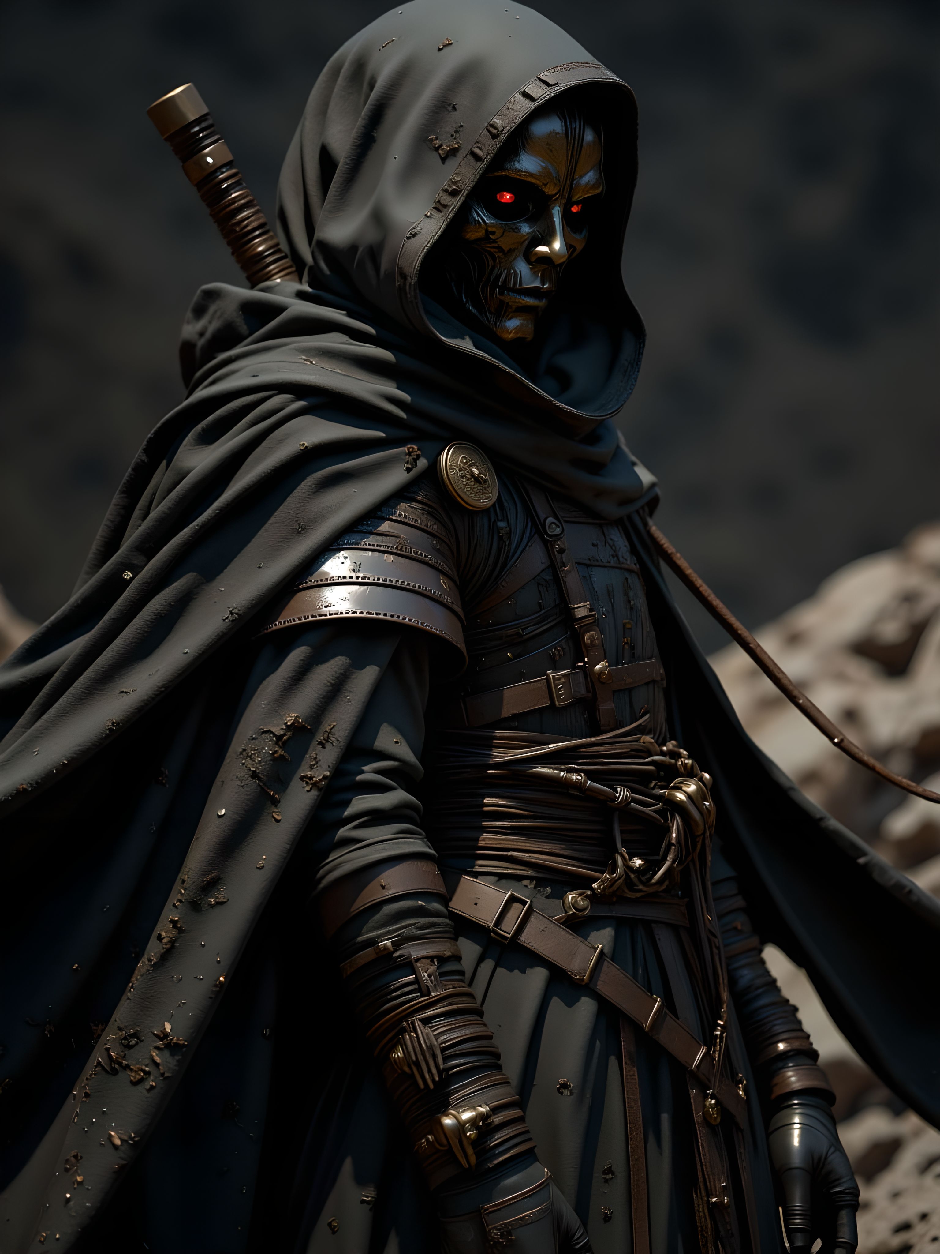 An ultra-realistic, highly detailed, dark lenticular image featuring a woman with a haunting, rotten plague doctor mask in a decayed yet intricately crafted high-collared cyberpunk samurai jacket. The worn, textured jacket features subtle cybernetic details, and a large, weathered linen cape flows around her in a dramatic low-angle view. She stands amidst a monochrome spacescape, with translucent, dark amber highlights illuminating the scene. Sharp and high-definition, with a hyper-detailed line art quality, the image captures a stark and abstract aesthetic that combines classic samurai influence with a gritty, futuristic tone in 32K resolution, ensuring crisp, intricate textures across the entire artwork. aidmaimageupgrader, aidmaMJ6.1m, detailmaximizer, mythp0rt, drkfnts <lora:aidmaImageUpgrader-FLUX-V0.2:1.0> <lora:flux.1_lora_flyway_Epic-detail_v2:0.8> <lora:aidmaMJ6.1_aidmaMJ6.1-FLUX-v0.4:0.6> <lora:v1v1dr34m:0.8> <lora:mythp0rt_FluxMythP0rtr4itStyle:0.7>