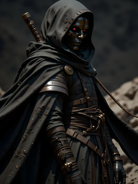 An ultra-realistic, highly detailed, dark lenticular image featuring a woman with a haunting, rotten plague doctor mask in a decayed yet intricately crafted high-collared cyberpunk samurai jacket. The worn, textured jacket features subtle cybernetic details, and a large, weathered linen cape flows around her in a dramatic low-angle view. She stands amidst a monochrome spacescape, with translucent, dark amber highlights illuminating the scene. Sharp and high-definition, with a hyper-detailed line art quality, the image captures a stark and abstract aesthetic that combines classic samurai influence with a gritty, futuristic tone in 32K resolution, ensuring crisp, intricate textures across the entire artwork. aidmaimageupgrader, aidmaMJ6.1m, detailmaximizer, mythp0rt, drkfnts <lora:aidmaImageUpgrader-FLUX-V0.2:1.0> <lora:flux.1_lora_flyway_Epic-detail_v2:0.8> <lora:aidmaMJ6.1_aidmaMJ6.1-FLUX-v0.4:0.6> <lora:v1v1dr34m:0.8> <lora:mythp0rt_FluxMythP0rtr4itStyle:0.7>