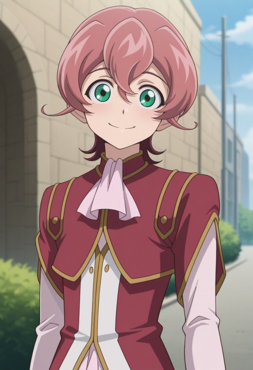 masterpiece,best quality,amazing quality, source_anime, 
MichArclight, 1boy, male focus, solo, green eyes, pink hair, ascot, pink ascot, shirt, pink shirt, jacket, red jacket, short over long sleeves,  smile, outdoor,