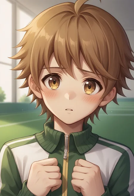 score_9, score_8_up, source_anime, highly detailed, 1boy, solo,
chihiro, skirt, 1boy, solo, male focus, brown hair, brown eyes,
blush, track jacket, track suit, upper body,
indoor, hall,