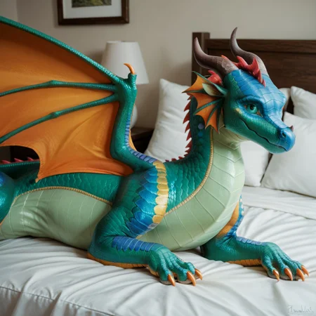 score_9, score_8_up, score_7_up, score_6_up, score_5_up, score_4_up, masterpiece, high quality, realistic, detailed, best quality, white bed, solo, rating_safe, source_furry, bedroom, smiling, seductive, ((looking at viewer)), lying on belly, Rainwing, dragon, ear ruffs, head fins, scales, horn, claws, wings, tail, feral, Glory, green scales, female, 1girl, orange feet, green eyes, orange wings, detailed eyes, detailed face