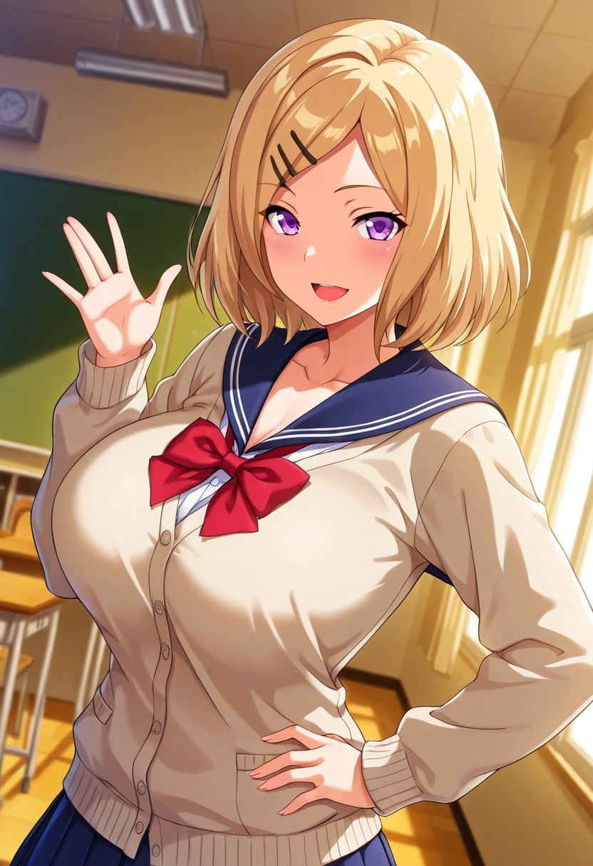 general,highres, ultra-detailed,very aesthetic,best quality ,best hands,best eyes,easynegative,
dynamic anglre, dutch angle, anime cloring,
1girl solo,looking at viewer,indoors,school, hand on hip,smile,open mouth, 
Sayuki,blonde_hair, short_hair,hairclip, purple eyes, huge_breasts,school uniform,