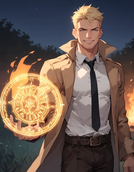 score_9, score_8_up, score_7_up, score_6_up, score_5_up, male focus, <lora:John_Constantine_-_Pony_2-000010:0.7>, john_c, blonde hair, light blue eyes, thick stubble, tan trench coat, white collared shirt, black necktie, belt, dark brown pants, cowboy shot, outdoors, night, smirk, spellcasting, fire, holding, magic circle