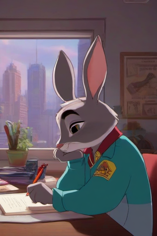 <lora:PE_LofiHipHop:0.8> PELofiHipHop,sitting at desk,
judy hopps zootopia