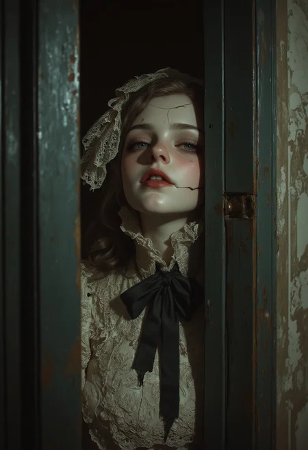 Create an intricately detailed, hyper-realistic head-and-shoulders portrait of an aging, cracked Victorian-era porcelain and paper-mâché doll. She is small in stature, no bigger than a small child and peers around the edge of a dark wooden doorway, her delicate porcelain fingers barely visible as they grip the frame. A deep, jagged crack splits her forehead, and her glossy black void-like eyes lock onto the viewer with a sinister, knowing grin. A cold, unnatural glow from behind silhouettes her figure, casting an eerie halo around her wild, dust-matted curls. Her once-elegant Victorian gown, adorned with tattered lace and intricate embroidery, clings to her fragile frame, the frayed edges barely catching the dim light. The peeling wallpaper behind her reveals darkened wood panels, their surfaces warped with time. Wisps of dust swirl in the air, illuminated by the unsettling backlight, as faint whispers seem to emanate from the shadowed hallway beyond. The air is thick with haunting elegance, a perfect balance of beauty and creeping dread as she lingers in the doorway, watching… waiting.