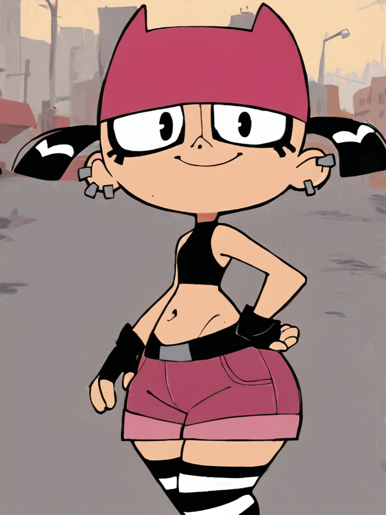 <lora:TiffPony1.0:0.8> tiff, 1girl, black hair, mascara, ear piercing, short hair, short twintails, solo, smile, pink cat hat, black eyes, black crop top, black fingerless gloves, navel, pink shorts, striped thighhighs, standing, looking at viewer, score_9, score_8_up, score_7_up, score_6_up, score_5_up, score_4_up, outdoors, hand on hand on own hip, short,short stack,