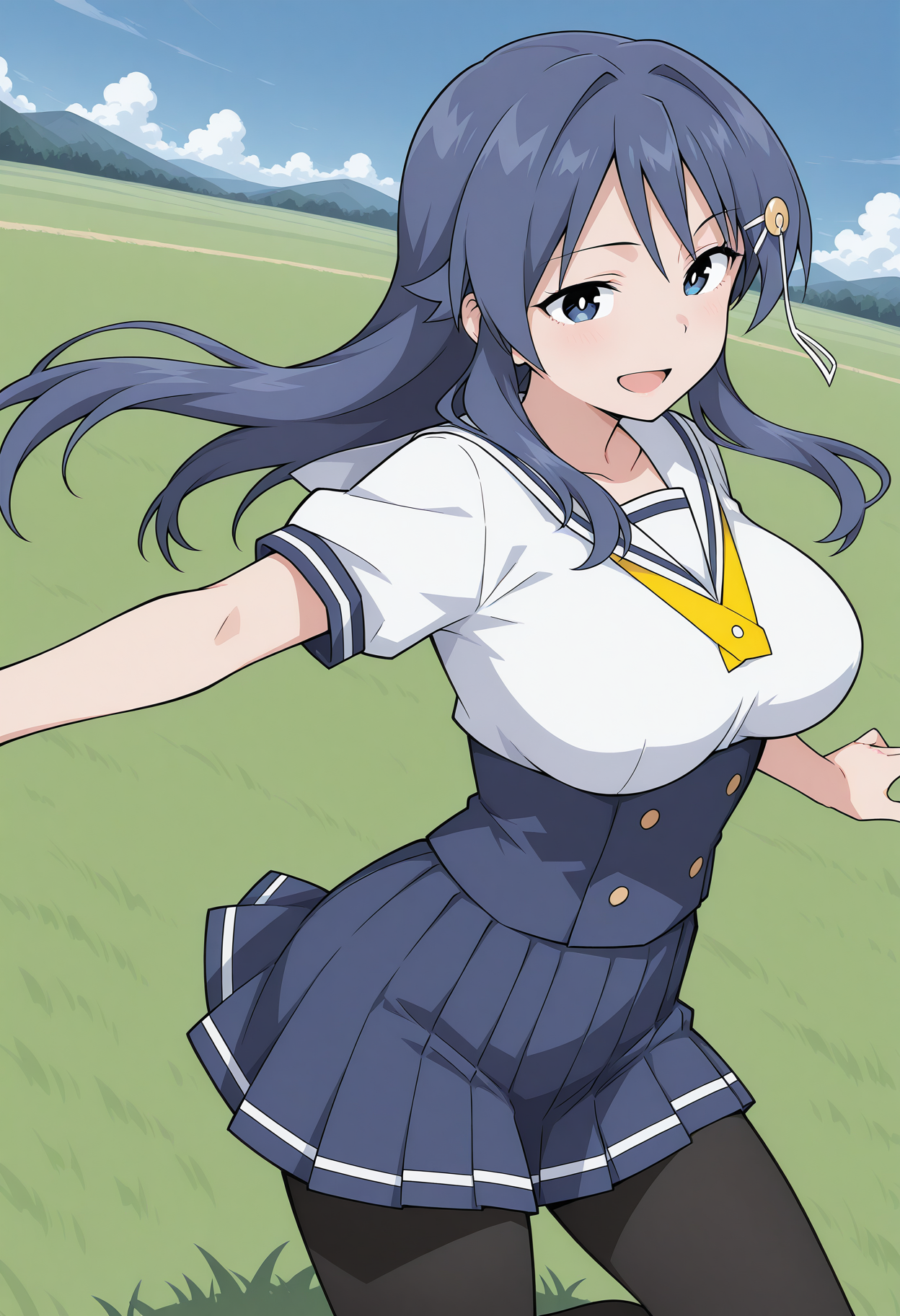 oohara_kotone, blue eyes, blue hair, long hair, hair ornament, hairclip, school uniform, buttons, sailor collar, short sleeves, blue skirt, pleated skirt, pantyhose, <lora:oohara_kotone_illustrious_ver2:0.8> 
smile, open mouth, cowboy shot,, masterpiece, best quality, sensitive,, 1girl, solo, blue sky, (grasslands:1.2), looking at viewer,, (dynamic pose:1.4), (upside-down:-1),