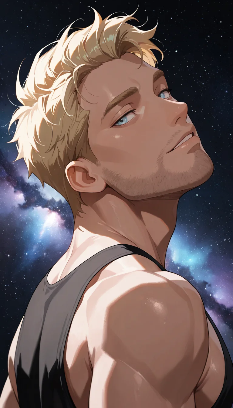 masterpiece,best quality,absurdres,newest,perfect quality,best quality,absolutely eye-catching,detailed background,from behind,looking back,from side,galaxy background,head tilt,portrait,seductive look,<lora:John Constantine - Illustrious:0.7>,john_c,1boy,blonde hair,light blue eyes,stubble,black tank top,side pectoral,