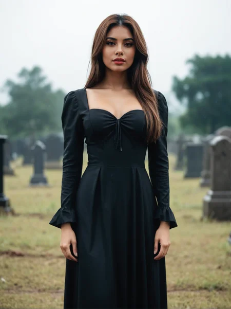A dynamic cinematic photograph of Juliana_Conti_P_MXAI_SDXL , tearful sad expression, "ready-for-a-funeral", black dress, looking down, in a rainy graveyard at dusk, ((full body shot)), PA7_Portrait-FL, SK_CINEMATIC, ziprealism