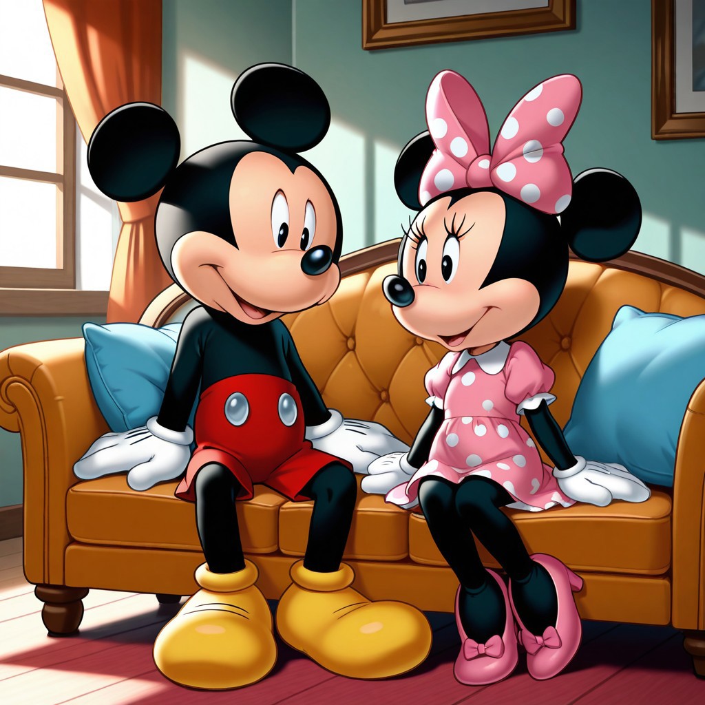 masterpiece, best quality, micknie, (1boy, mickey_m), break, (1girl, minnie_m, hairbow, dress), sitting, sofa, looking at another