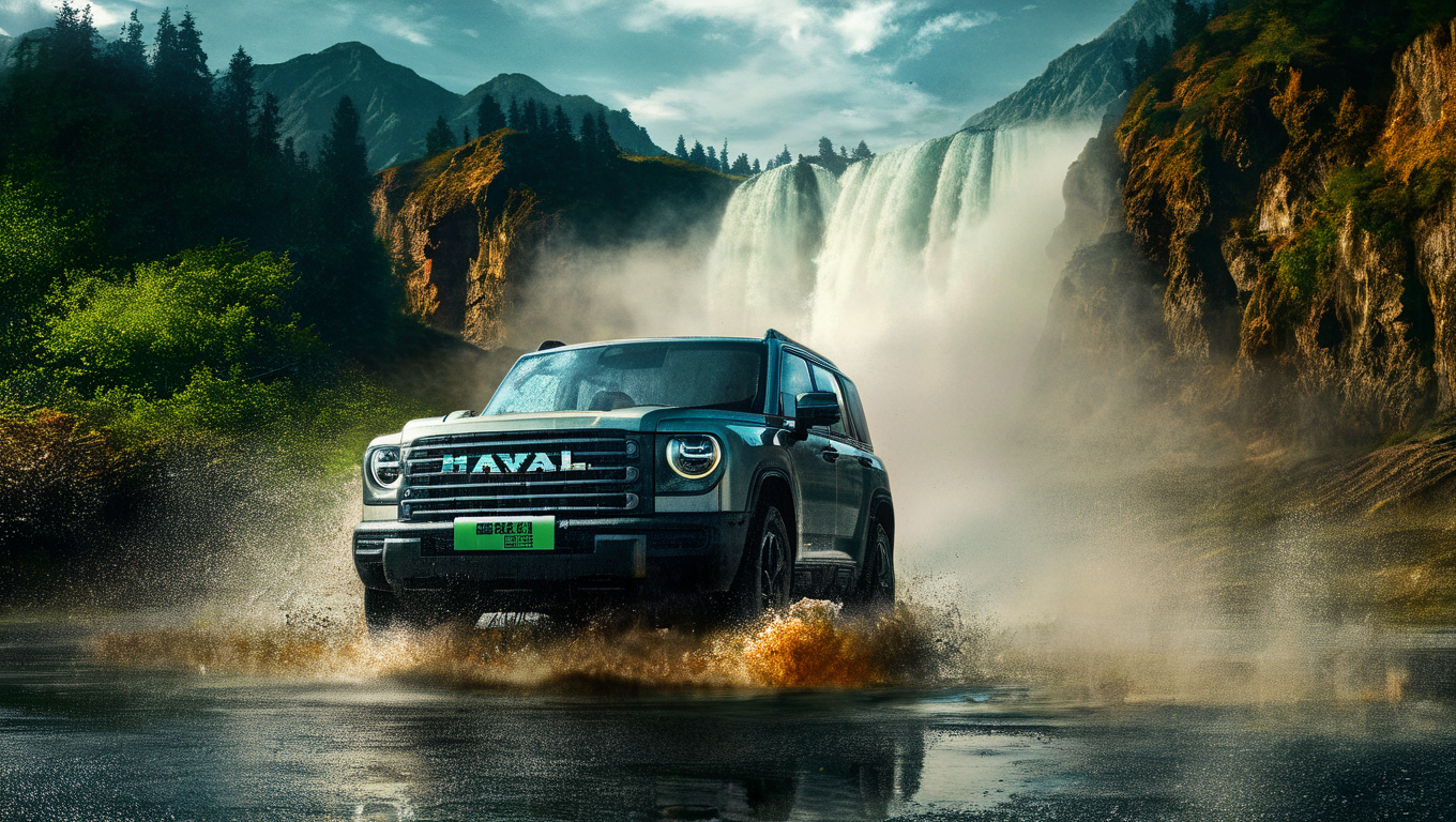 a close-up of a gold Menglong B26 in the frontend view driving down a wet roadt, with a waterfall and a mountain in the background. photo, realistic <lora:sdxl_menglong_b26_9_16:1.0>