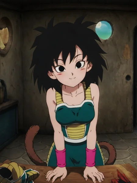 (masterpiece,best quality,newest,absurdres,highres), G1n3, 1girl, solo, black hair, black eyes, spiked hair, wristband, monkey tail, saiyan armor, bare shoulders, smile, looking at viewer  <lora:Gine_IllustriousXL:1>