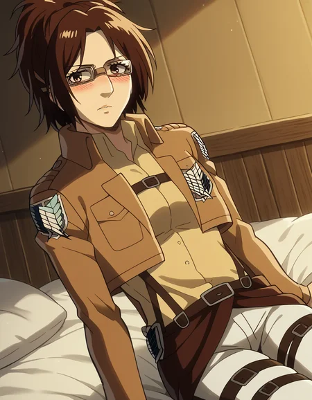 score_9, score_8_up, score_7_up, source_anime, <lora:zoe-hange-s1-ponyxl-lora-nochekaiser:1>, zoe hange, brown hair, brown eyes, jacket, ponytail, glasses, mature female, medium breasts,, <lora:paradis-military-uniform-ponyxl-lora-nochekaiser:1>, paradis military uniform, belt, cloack, cropped jacket, emblem, green cloak, jacket, long sleeves, pants, shirt, thigh strap, uniform, white pants, white shirt, brown jacket,, indoors, bed, bed room, on side, blush, drunk, looking at viewer, solo,, cowboy shot, dutch angle