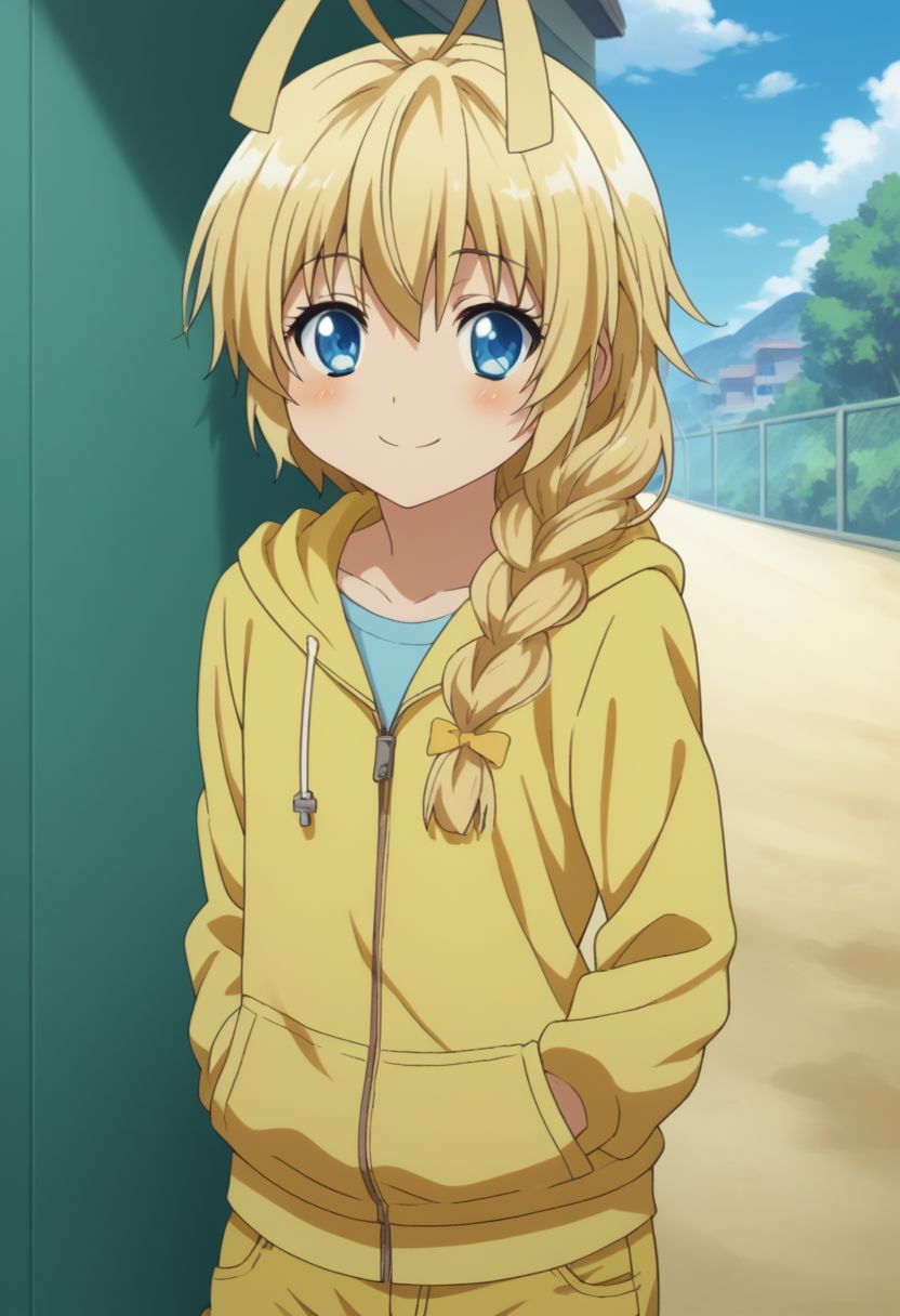 score_9, score_8_up, source_anime, highly detailed, 1boy, solo, male_focus, cute,
hasuta, 1boy, male focus, blonde hair, blue eyes, smile, braid, blush, solo, otoko no ko, single braid, antenna hair, long hair, hoodie, hood, hood down, short pants,
outdoor,