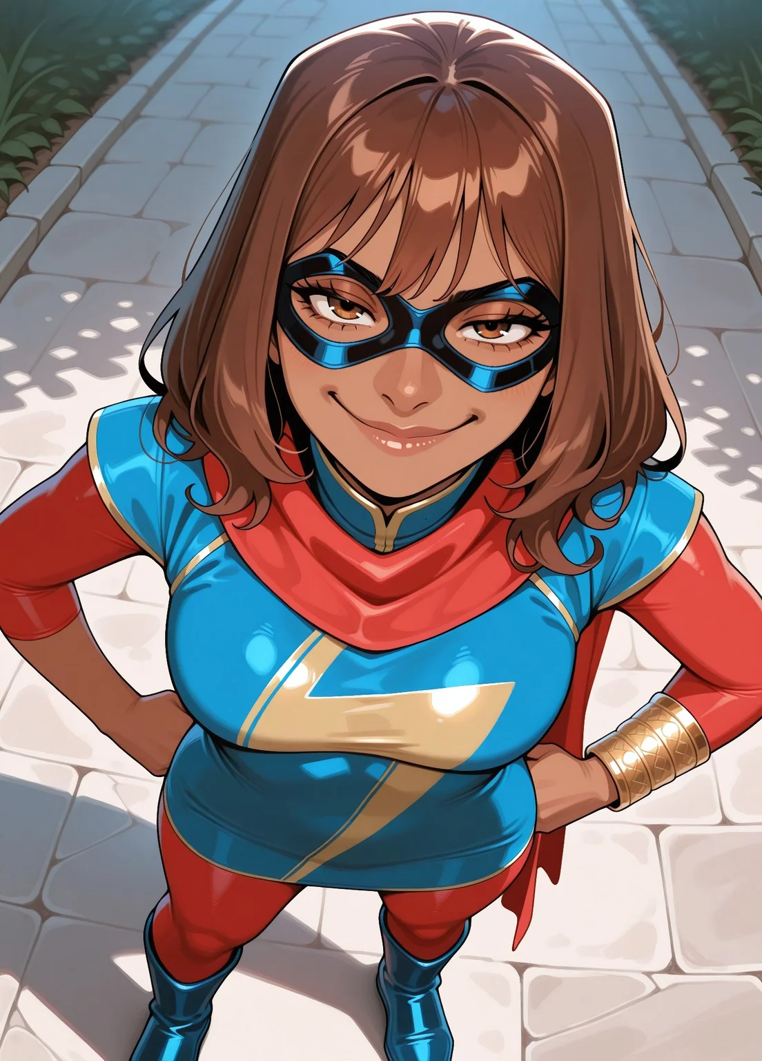 masterpiece, best quality, amazing quality, very aesthetic, absurdres, newest, detailed eyes, mossa-40k,
1girl, mmkamalakhan, indian, brown hair, bangs, brown eyes, dark-skinned female, sleeves, blue dress, scarf, bracelet, red pantyhose, domino mask, blue boots, medium breasts,
heroic pose, smug, looking at viewer, close up, view from above,