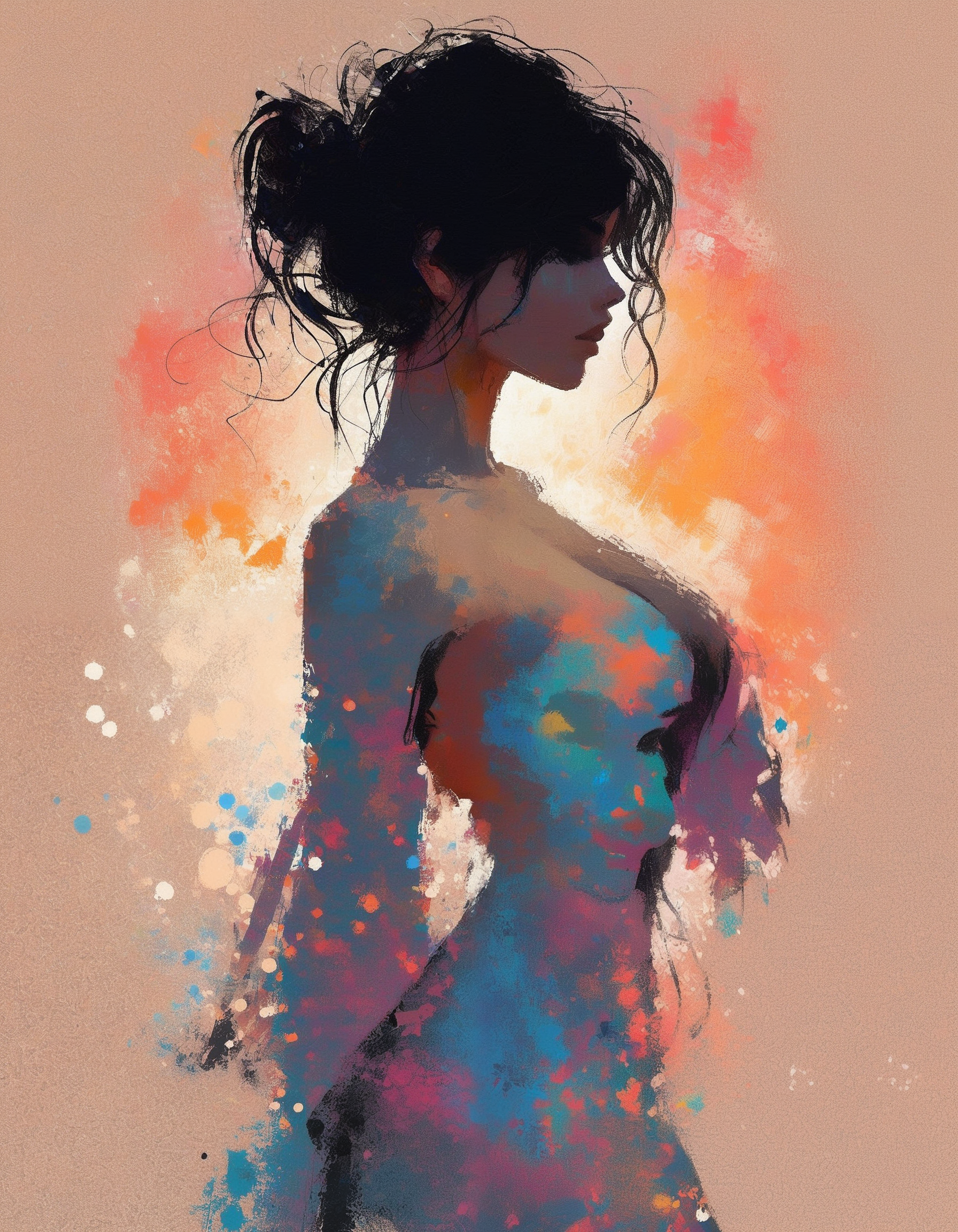 digital impressionist painting, 1girl, silhouette, side view, large breasts, large nipples, shorter black hair, simple bright background