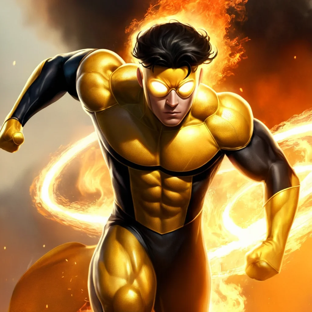 concept art of <lora:Invincible:2>
Invincible a blackhair man in a yellow superhero costume outfit is running through fire with a bodybuilding ribbed body and oval white eyes , digital artwork, illustrative, painterly, matte painting, highly detailed