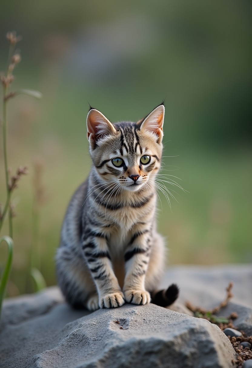 small tabby cat (sitting quietly on rocks), focused expression, soft gray and brown fur blending with the natural landscape, [calm and peaceful atmosphere], soft and blurred background, sense of stillness in nature, natural harmony, quiet moment of observation