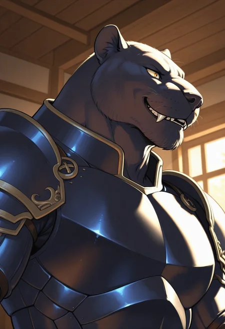 masterpiece,best quality,amazing quality, (male, antro: 1.4),
BREAK
( muscle, tall, barazoku, bara, facial hair, old, mature (smile, Sharp fangs, close up, high, angle ) :1.1)), (1boy, solo,(male only) anthro, )
BREAK
(male: panther, black panther )), armor, full armor
BREAK
indoors,